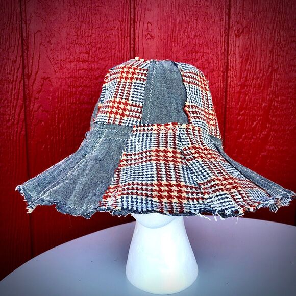 Vintage Houndstooth Fabric Patchwork Floppy Hat Upcycled Wearable Art - One Size main image 4